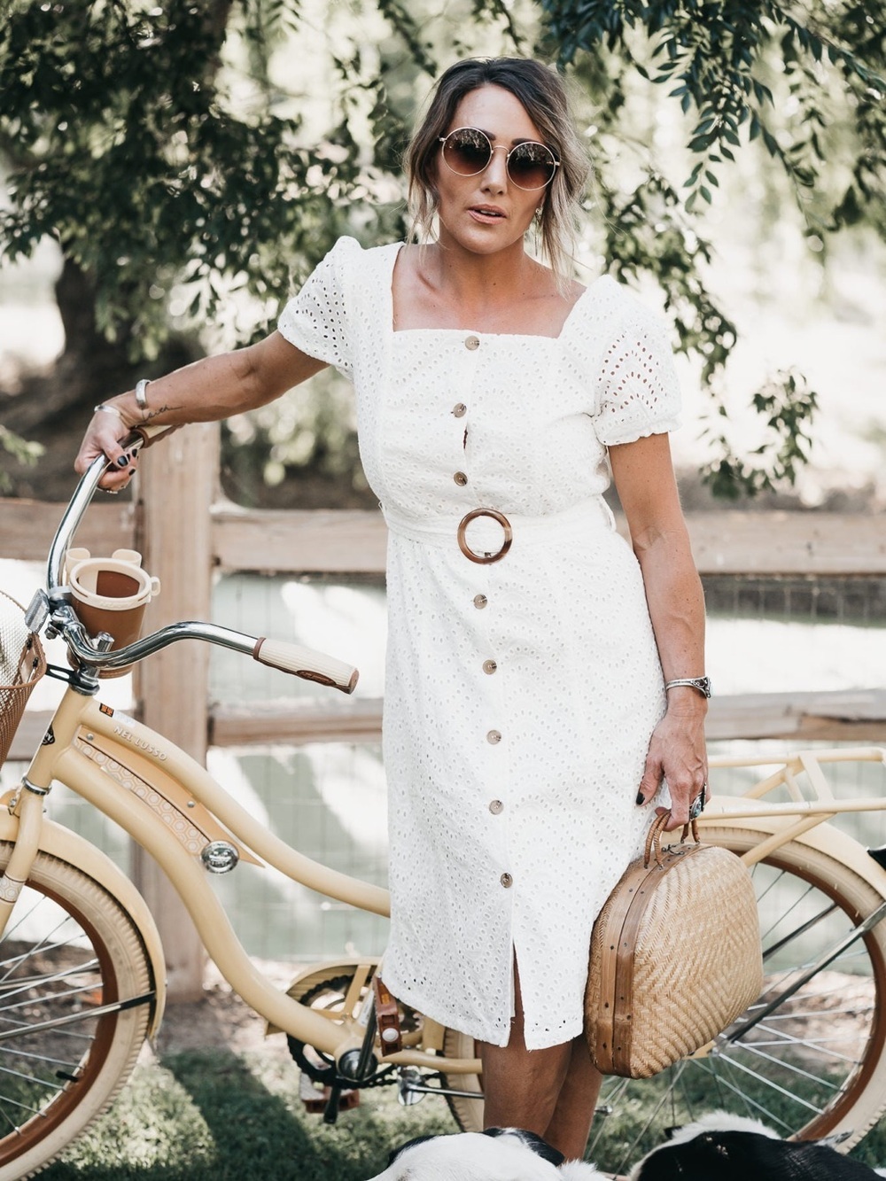 NWT Square-Neck White Eyelet Midi Dress with Belt - Picture 3 of 6